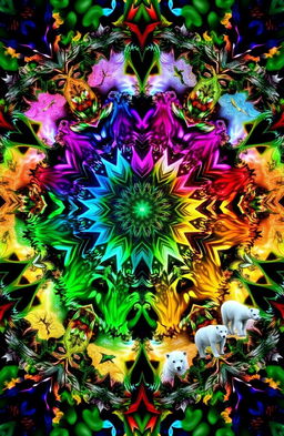 A vibrant and intricate kaleidoscope design that showcases various ecosystems, including lush rainforests full of diverse plant life and colorful birds, a serene underwater coral reef teeming with fish and aquatic plants, an arid desert landscape with cacti and sand dunes, and a snowy tundra with wildlife such as polar bears and arctic foxes
