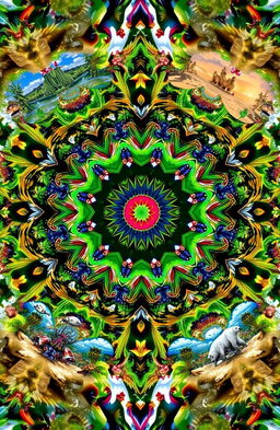A vibrant and intricate kaleidoscope design that showcases various ecosystems, including lush rainforests full of diverse plant life and colorful birds, a serene underwater coral reef teeming with fish and aquatic plants, an arid desert landscape with cacti and sand dunes, and a snowy tundra with wildlife such as polar bears and arctic foxes