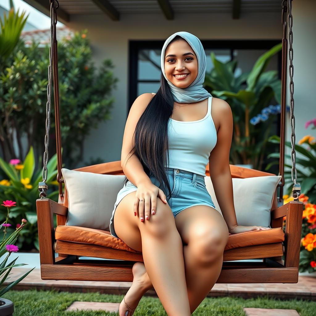 A full-body image of a beautiful 21-year-old woman with Arab features, showcasing her vibrant personality