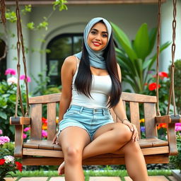 A full-body image of a beautiful 21-year-old woman with Arab features, showcasing her vibrant personality