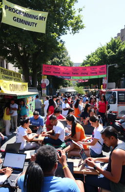 A vibrant street scene showcasing a lively community programming event