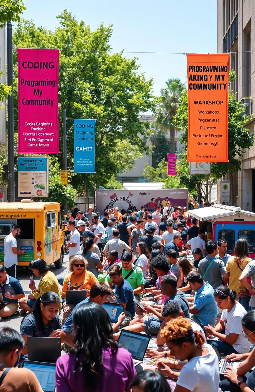A vibrant street scene showcasing a lively community programming event