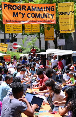 A vibrant street scene showcasing a lively community programming event