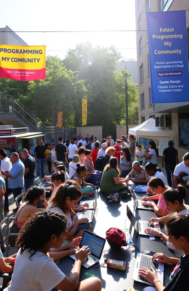 A vibrant street scene showcasing a lively community programming event