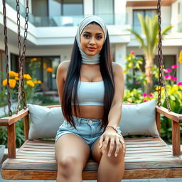 A full-body image of a beautiful 21-year-old woman with Arab features, exuding charm and poise