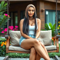 A full-body image of a beautiful 21-year-old woman with Arab features, exuding charm and poise