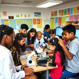 A vibrant and engaging educational project that combines elements of science and technology, featuring diverse students of various backgrounds participating in hands-on experiments and innovative tech demonstrations