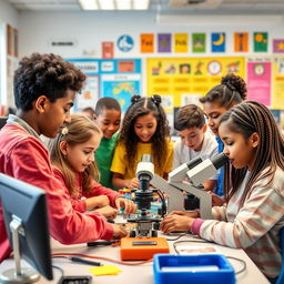 A vibrant and engaging educational project that combines elements of science and technology, featuring diverse students of various backgrounds participating in hands-on experiments and innovative tech demonstrations