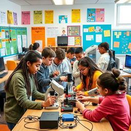 A vibrant and engaging educational project that combines elements of science and technology, featuring diverse students of various backgrounds participating in hands-on experiments and innovative tech demonstrations