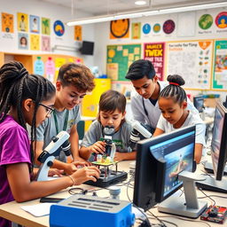A vibrant and engaging educational project that combines elements of science and technology, featuring diverse students of various backgrounds participating in hands-on experiments and innovative tech demonstrations