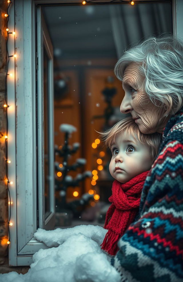 An old Italian woman with white hair and deep-set wrinkles, wearing a colorful knitted shawl, gazing out the window of a cozy house decorated for Christmas