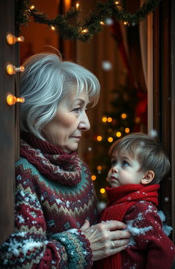 An old Italian woman with white hair and deep-set wrinkles, wearing a colorful knitted shawl, gazing out the window of a cozy house decorated for Christmas