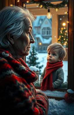 An old Italian woman with white hair and deep-set wrinkles, wearing a colorful knitted shawl, gazing out the window of a cozy house decorated for Christmas