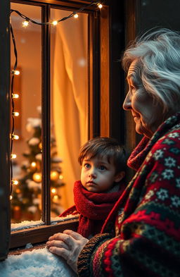 An old Italian woman with white hair and deep-set wrinkles, wearing a colorful knitted shawl, gazing out the window of a cozy house decorated for Christmas