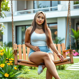 A full-body image of a beautiful 21-year-old woman with Latin features, radiating confidence and beauty