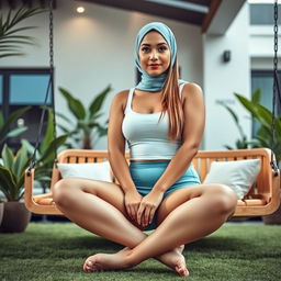 A full-body image of a beautiful 21-year-old woman with Latin features, wearing tight light blue lycra minishorts and a white tank top