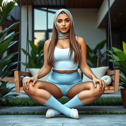 A full-body image of a beautiful 21-year-old woman with Latin features, wearing tight light blue lycra minishorts and a white tank top