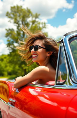 A woman enjoying a carefree summer drive, her head out of the window of a convertible car, with wind blowing through her hair