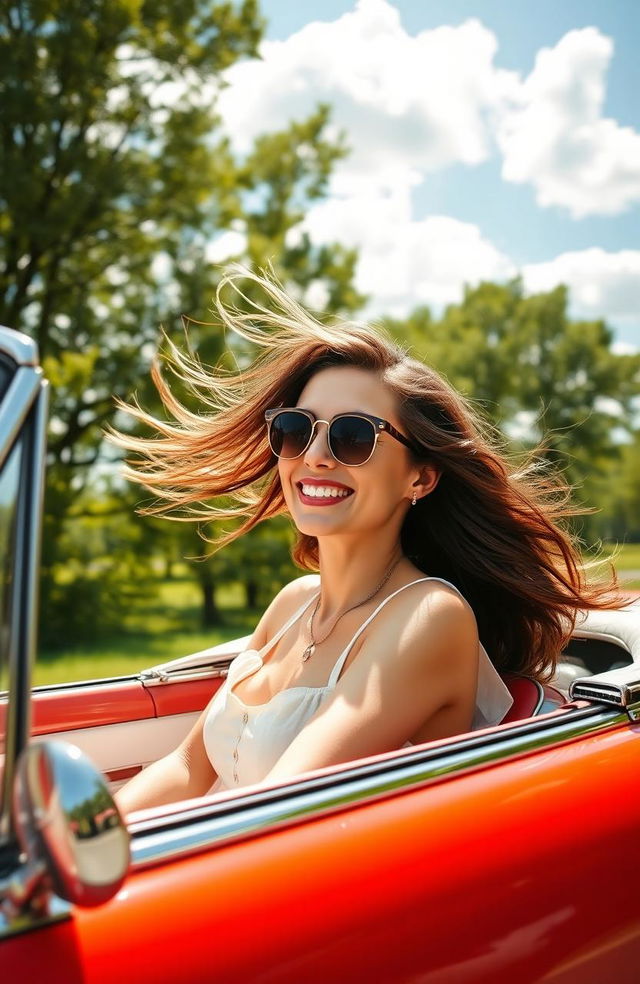 A woman enjoying a carefree summer drive, her head out of the window of a convertible car, with wind blowing through her hair