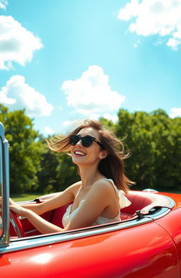 A woman enjoying a carefree summer drive, her head out of the window of a convertible car, with wind blowing through her hair