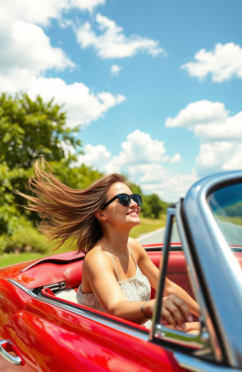 A woman enjoying a carefree summer drive, her head out of the window of a convertible car, with wind blowing through her hair