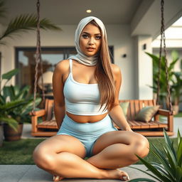 A full-body image of a beautiful 21-year-old woman with Latin features, wearing tight light blue lycra minishorts and a white tank top