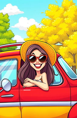 A whimsical cartoon scene depicting a woman with long, flowing hair joyfully leaning out of the window of a colorful car