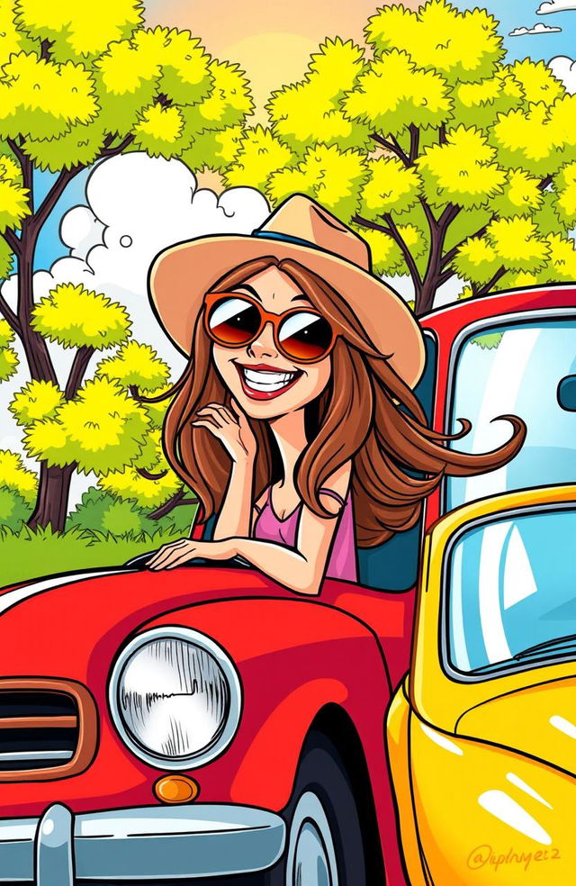 A whimsical cartoon scene depicting a woman with long, flowing hair joyfully leaning out of the window of a colorful car