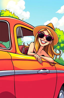 A whimsical cartoon scene depicting a woman with long, flowing hair joyfully leaning out of the window of a colorful car