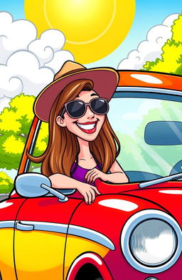 A whimsical cartoon scene depicting a woman with long, flowing hair joyfully leaning out of the window of a colorful car