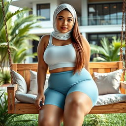 A full-body image of a beautiful 21-year-old woman with Latin features, wearing tight light blue lycra minishorts and a white tank top