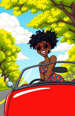 A lively cartoon illustration of a Black woman joyfully leaning her head out of the window of a vibrant car