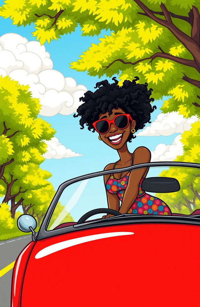 A lively cartoon illustration of a Black woman joyfully leaning her head out of the window of a vibrant car