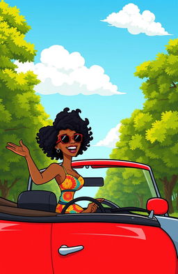 A lively cartoon illustration of a Black woman joyfully leaning her head out of the window of a vibrant car