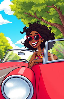 A lively cartoon illustration of a Black woman joyfully leaning her head out of the window of a vibrant car