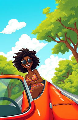 A lively cartoon illustration of a Black woman joyfully leaning her head out of the window of a vibrant car