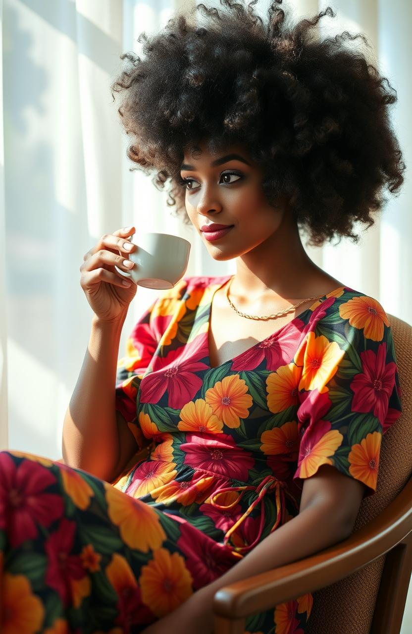 A light skin mixed woman with beautiful, voluminous afro hair, elegantly sitting in a chair while sipping tea