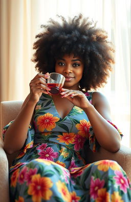A light skin mixed woman with beautiful, voluminous afro hair, elegantly sitting in a chair while sipping tea