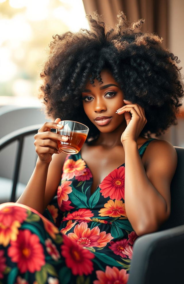 A light skin mixed woman with beautiful, voluminous afro hair, elegantly sitting in a chair while sipping tea