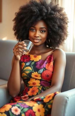 A light skin mixed woman with beautiful, voluminous afro hair, elegantly sitting in a chair while sipping tea