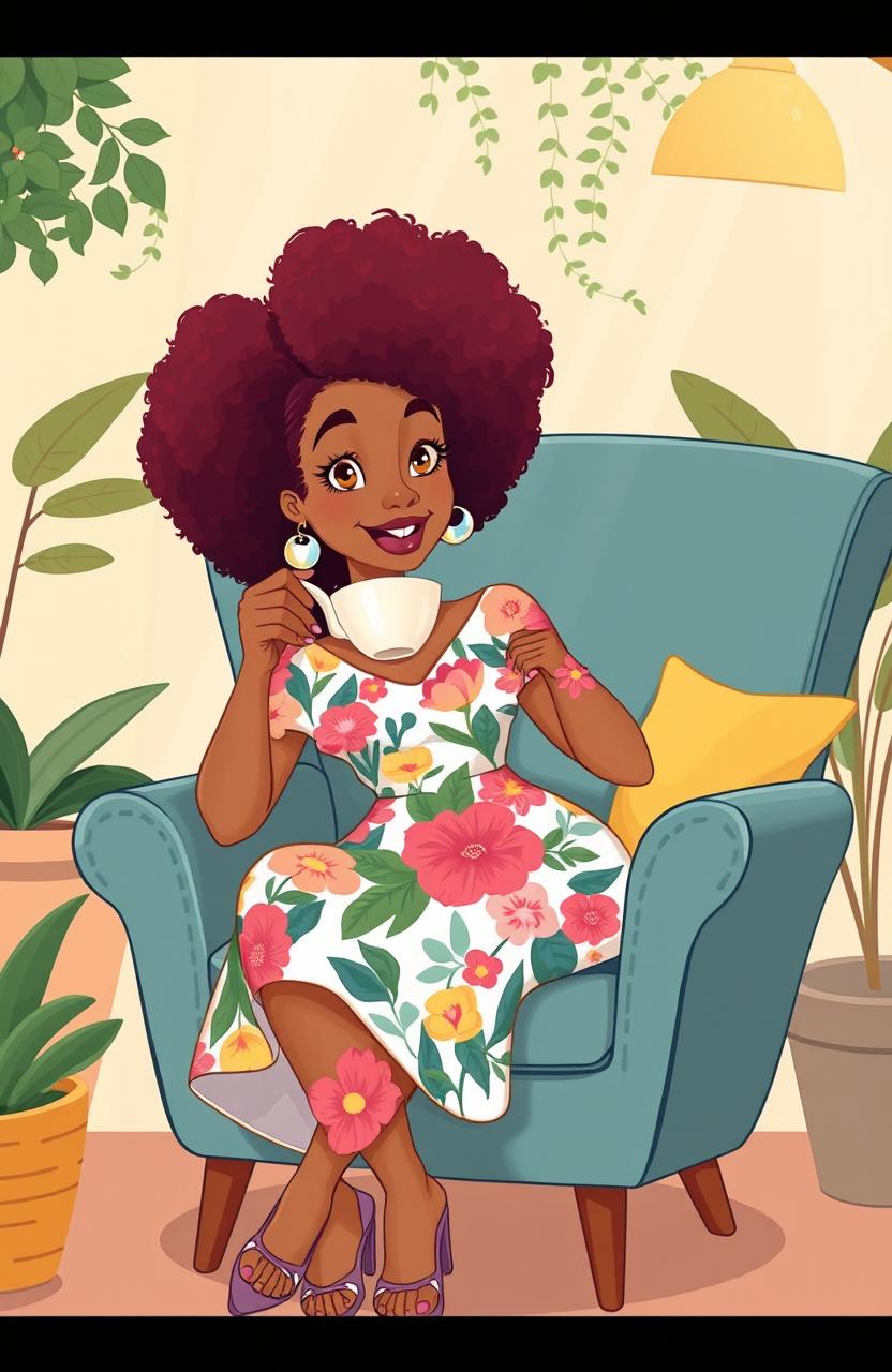 A light-skinned mixed woman with vibrant afro hair, sitting comfortably in a stylish chair while sipping tea