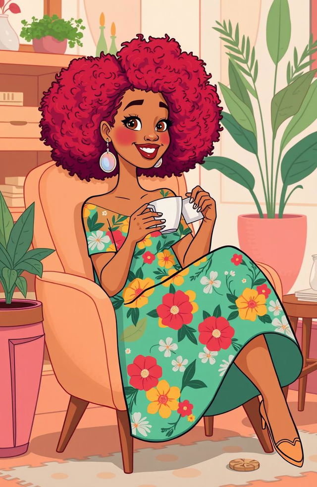 A light-skinned mixed woman with vibrant afro hair, sitting comfortably in a stylish chair while sipping tea