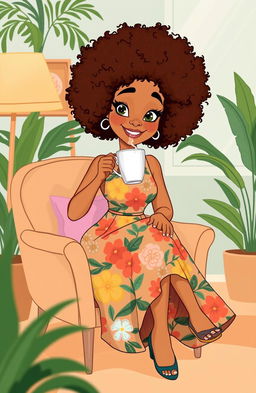 A light-skinned mixed woman with vibrant afro hair, sitting comfortably in a stylish chair while sipping tea