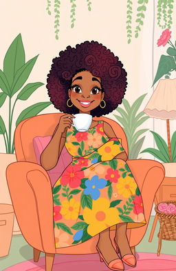 A light-skinned mixed woman with vibrant afro hair, sitting comfortably in a stylish chair while sipping tea