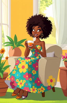 A tall, slim, light-skinned mixed woman with curly afro hair, sitting gracefully in a cozy chair while sipping tea