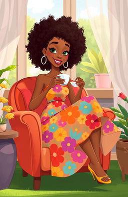 A tall, slim, light-skinned mixed woman with curly afro hair, sitting gracefully in a cozy chair while sipping tea