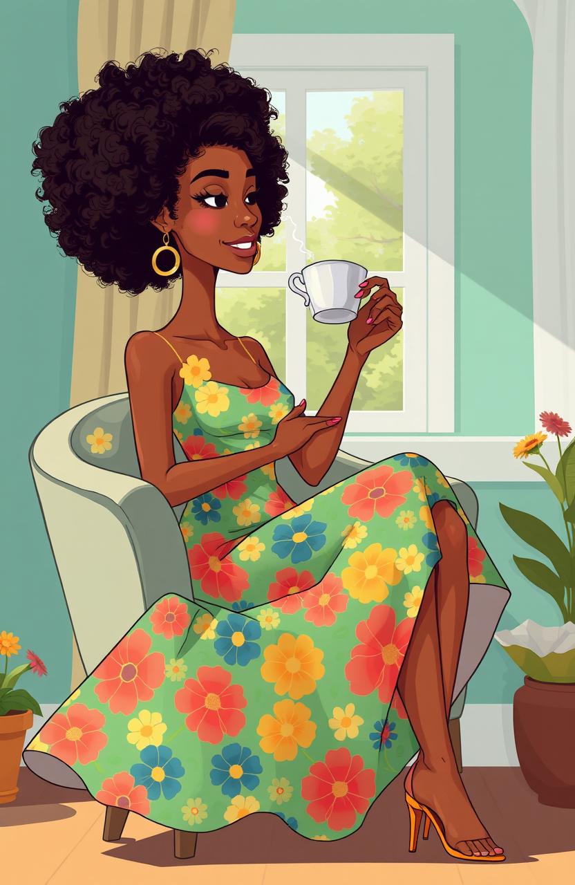 A tall, slim, light-skinned mixed woman with curly afro hair, sitting gracefully in a cozy chair while sipping tea