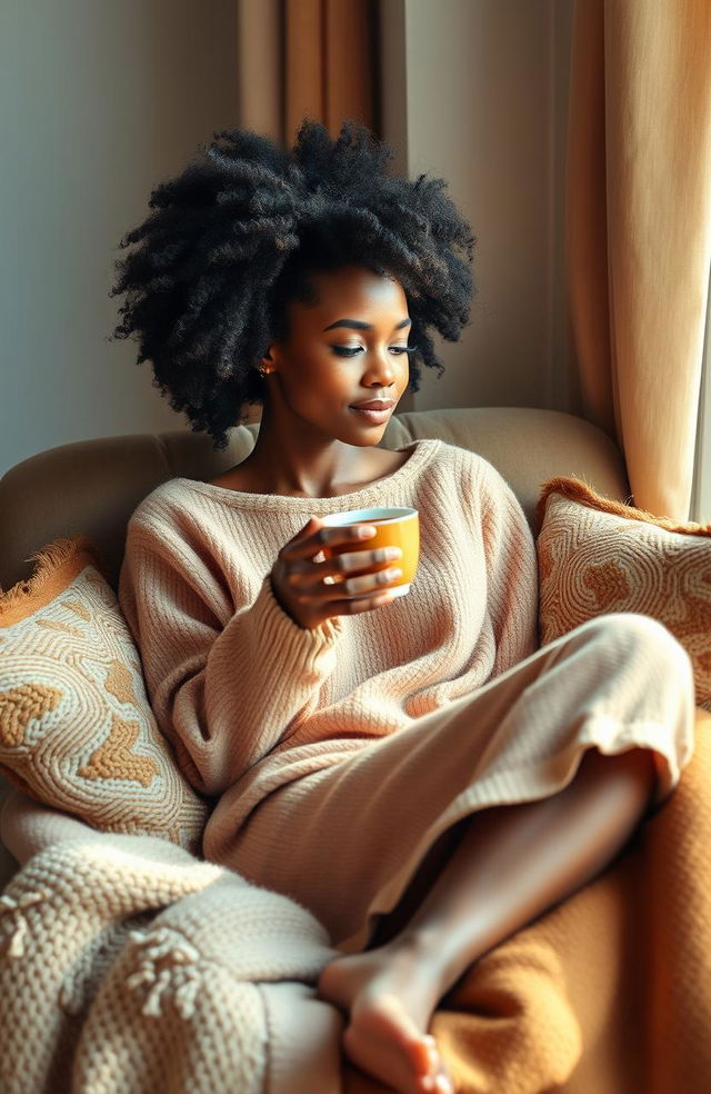 A tall slender woman with light skin and curly afro hair, comfortably sitting in a plush chair, holding a cup of tea