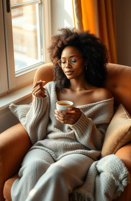 A tall slender woman with light skin and curly afro hair, comfortably sitting in a plush chair, holding a cup of tea