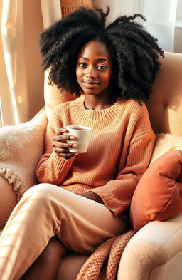 A tall slender woman with light skin and curly afro hair, comfortably sitting in a plush chair, holding a cup of tea